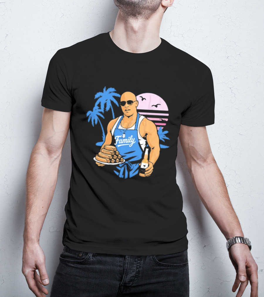 KCCO Family BBQ With Hot Dogs Palm Trees Sunset Birds T-Shirt