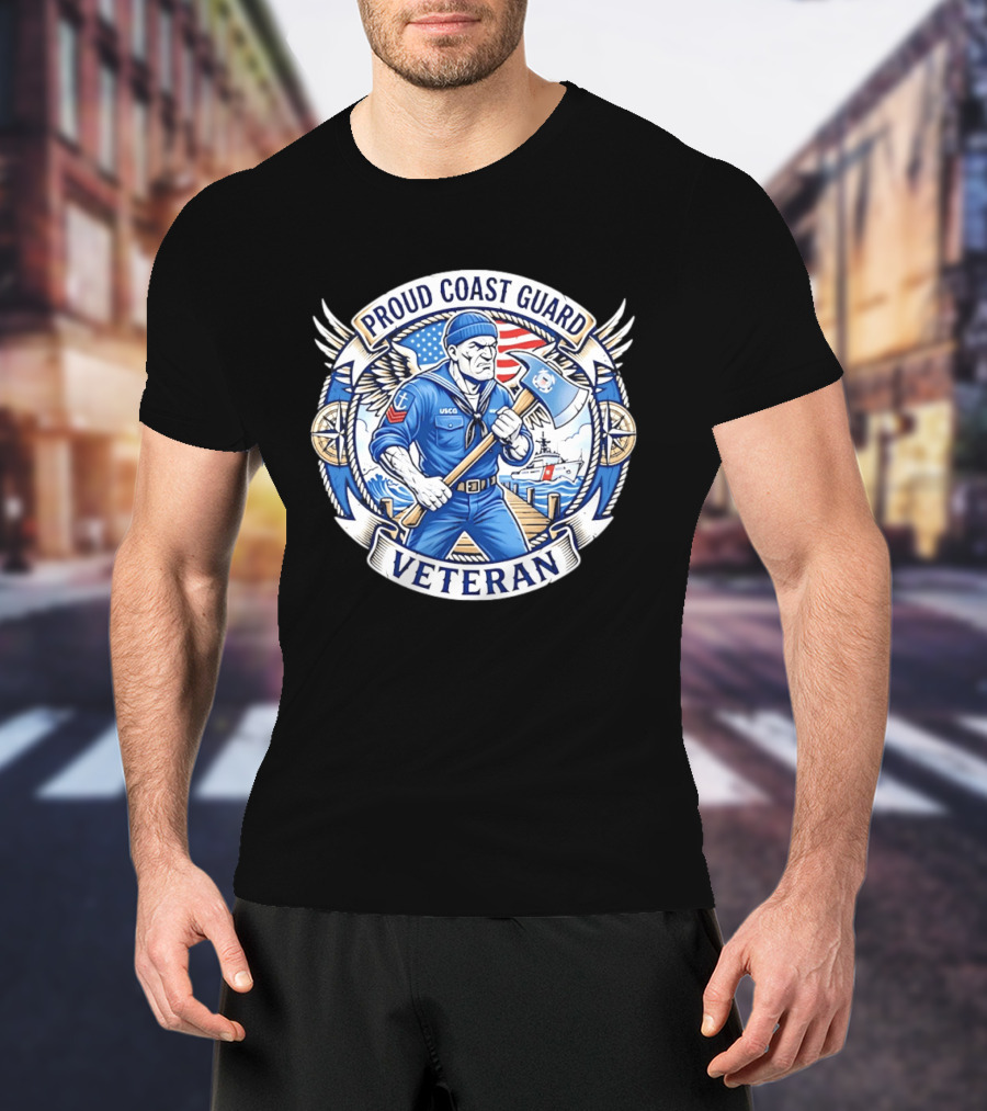 Proud Coast Guard Veteran USCG Military Sailor With Axe And American Flag T-Shirt