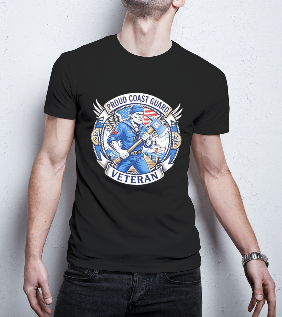 Proud Coast Guard Veteran USCG Military Sailor With Axe And American Flag T-Shirt
