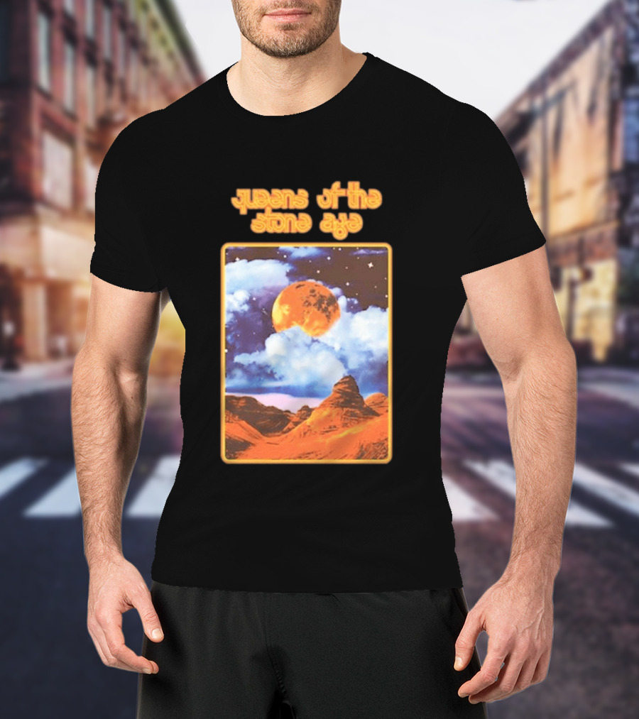Queens Of The Stone Age Moon Landscape With Orange Cloudy Night Sky And Desert Scene T-Shirt