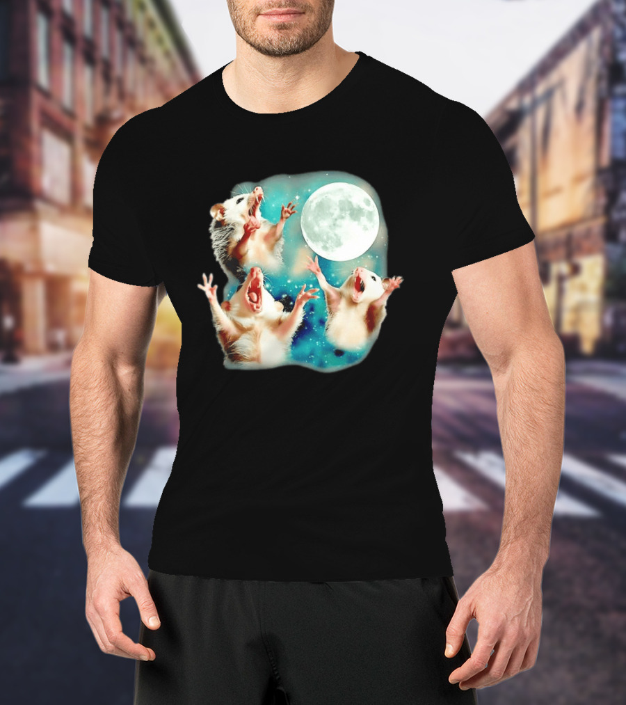 Opossum Howling At Moon With Stars In Space Scene T-Shirt