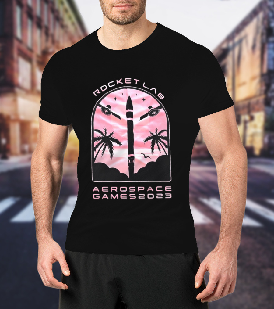 Rocket Lab Aerospace Games 2023 Rocket Space Satellite Event Palm Trees T-Shirt