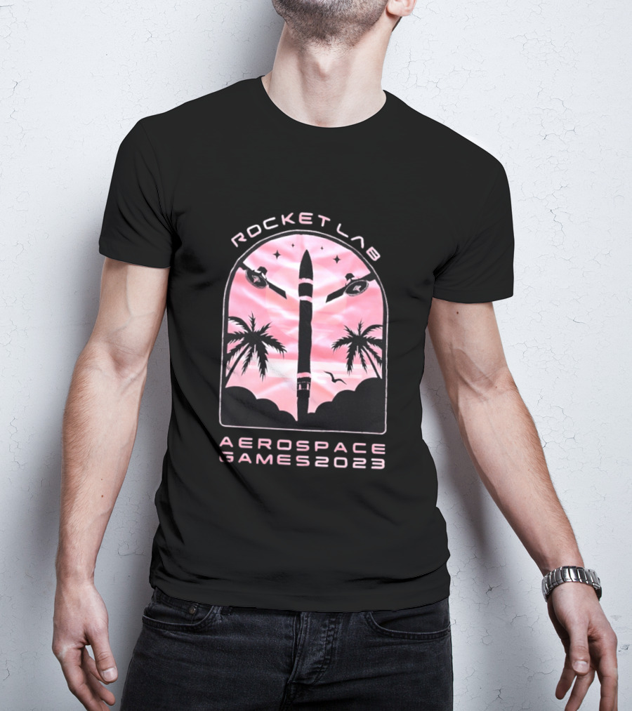 Rocket Lab Aerospace Games 2023 Rocket Space Satellite Event Palm Trees T-Shirt