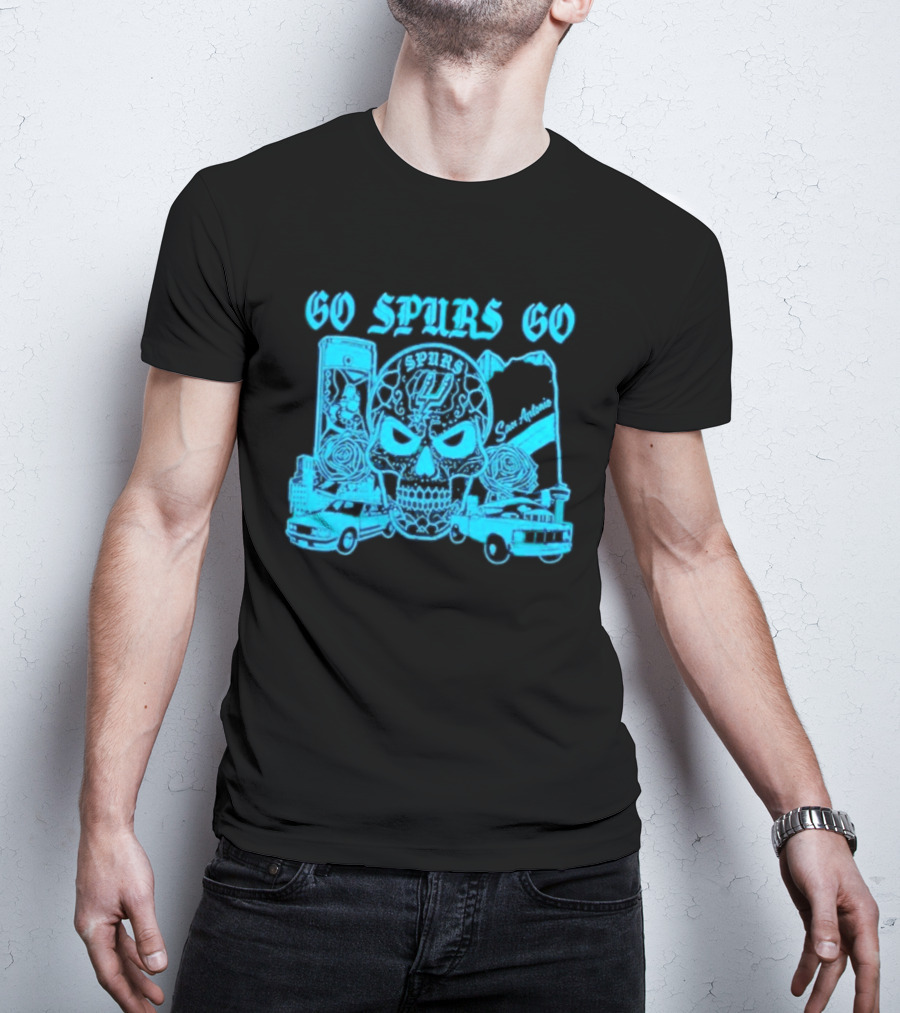 Go Spurs Go San Antonio Spurs NBA Skull And Cars T-Shirt