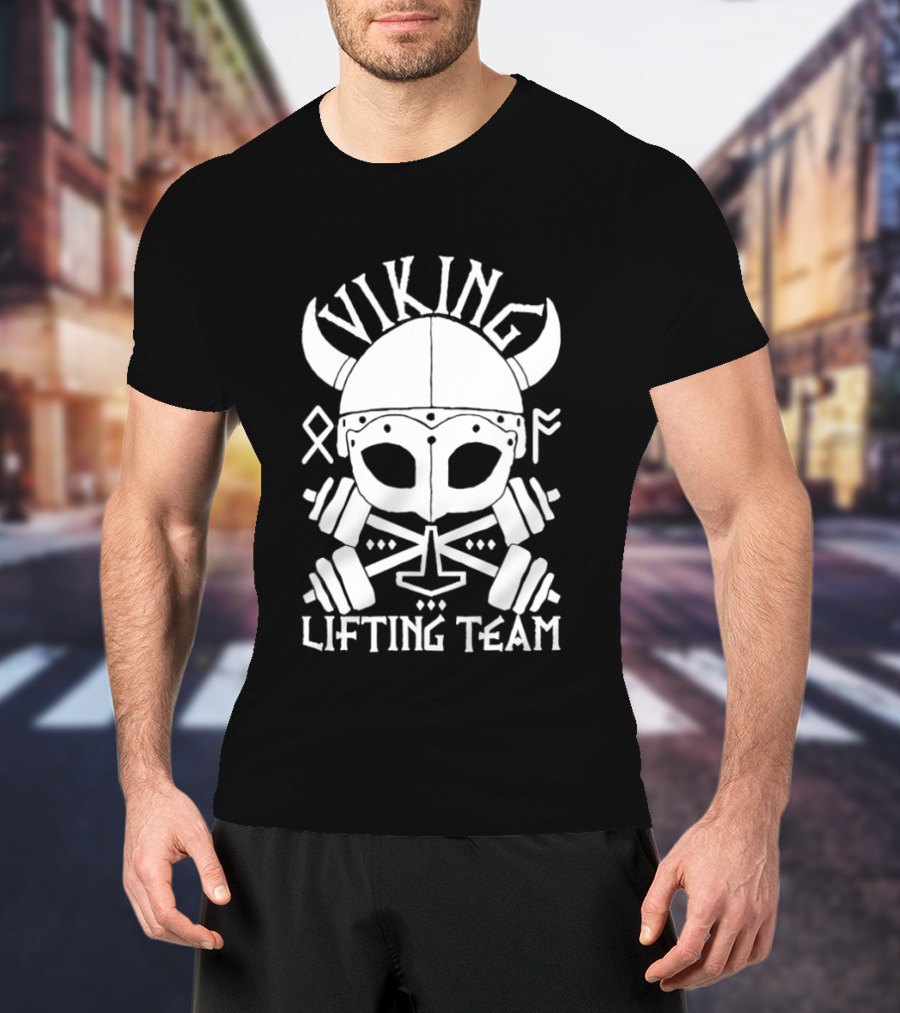 Viking Lifting Team Skull With Barbell And Helmet T-Shirt