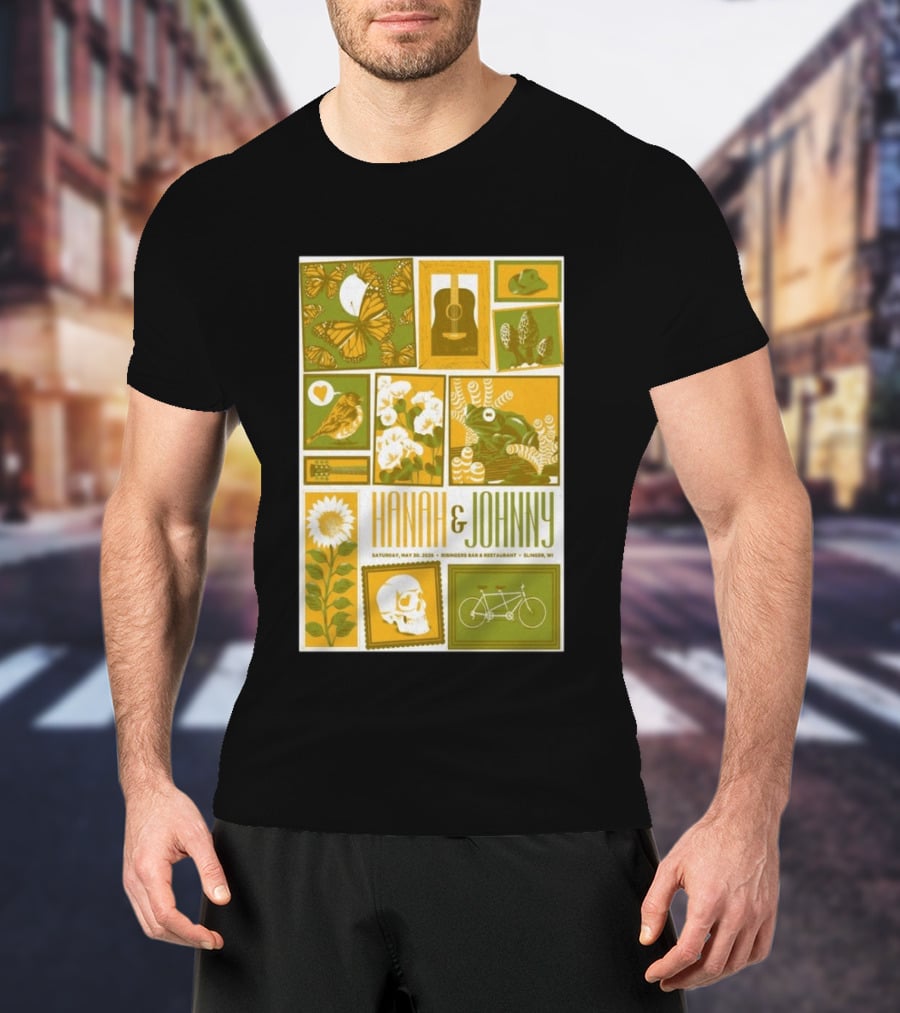 Hanah & Johnny May 30 2026 Ringer's Bar & Restaurant Slinger WI Butterfly Guitar Skull Bicycle Floral T-Shirt