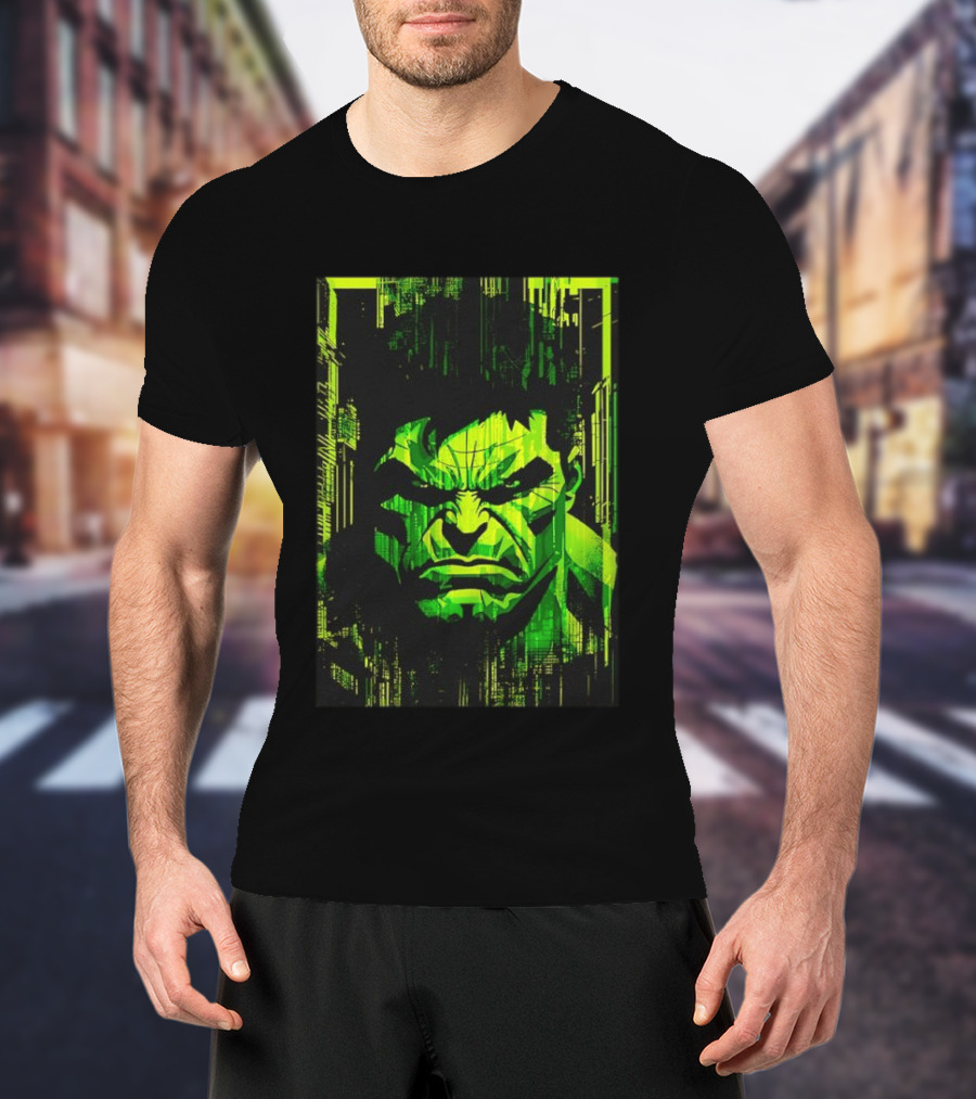 Hulk Glitch Digital Green Abstract Face T-Shirt