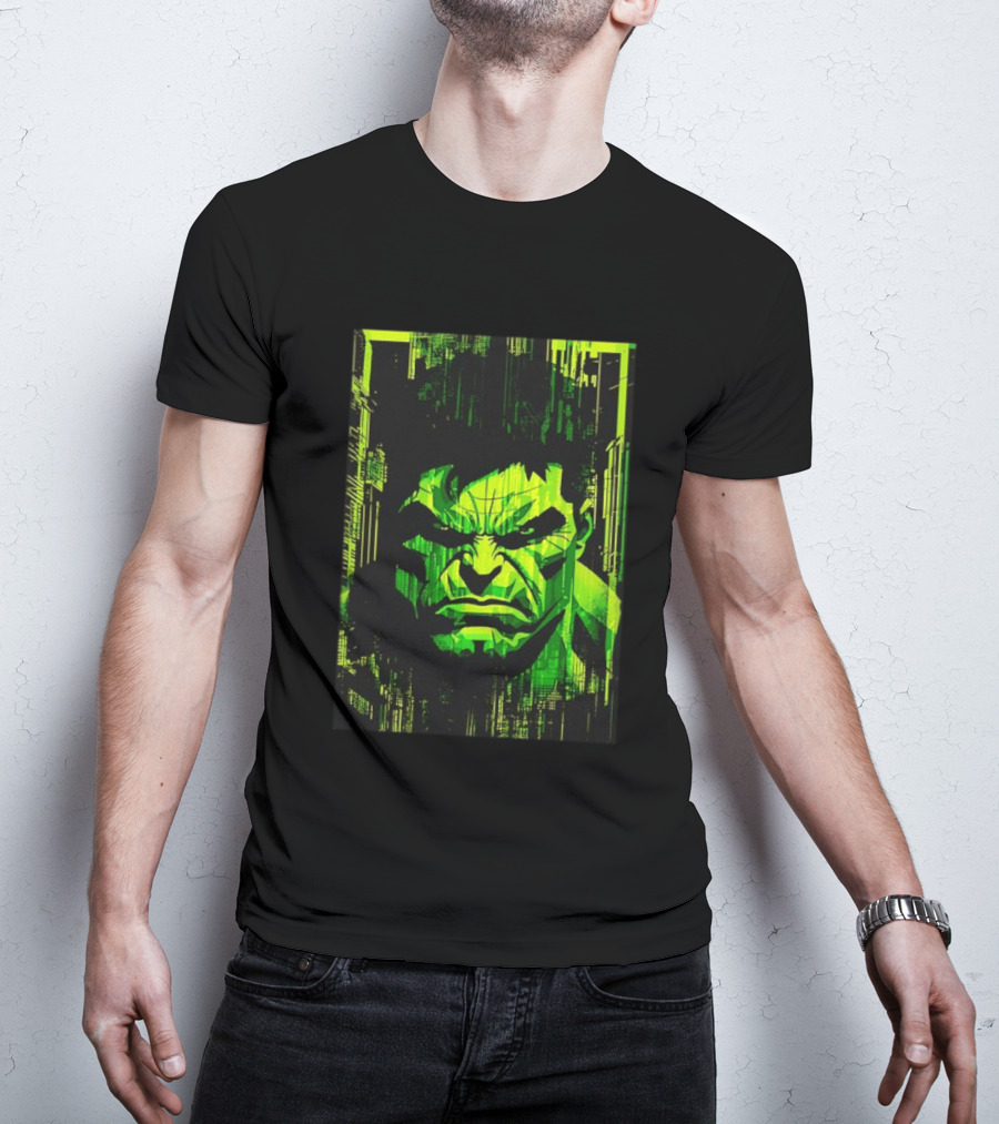 Hulk Glitch Digital Green Abstract Face T-Shirt