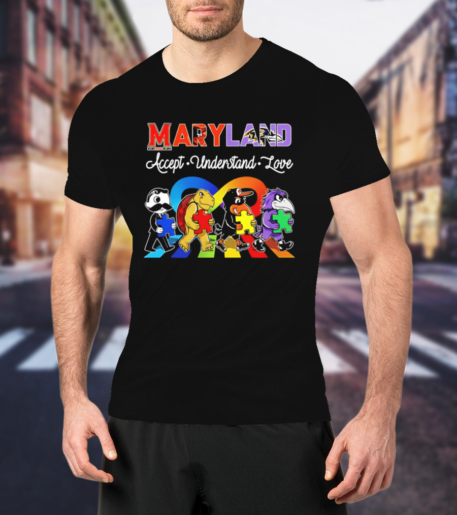 Maryland Pride Accept Understand Love With Sports Mascots And Puzzle Pieces T-Shirt