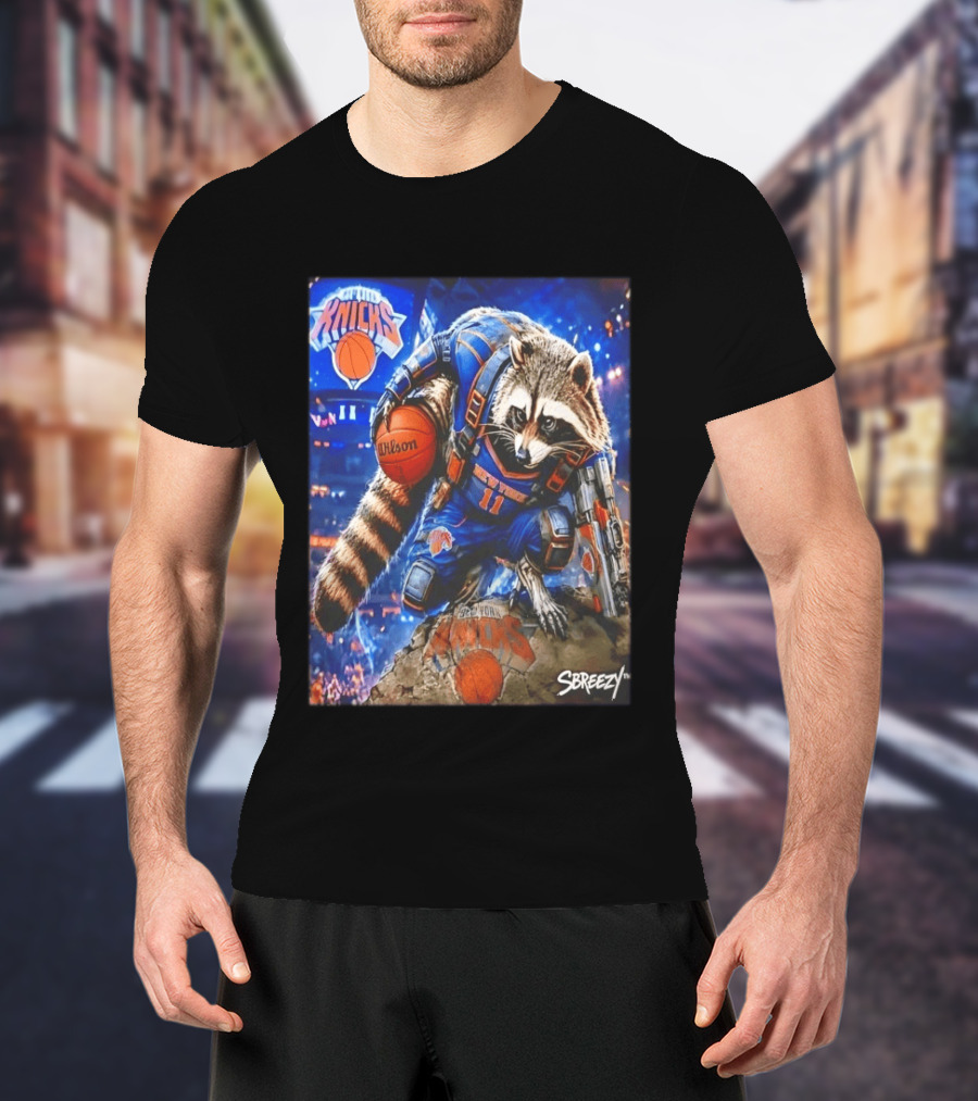 Rocket Raccoon New York Knicks Marvel Guardians NBA Crossover Wilson Ball T-Shirt