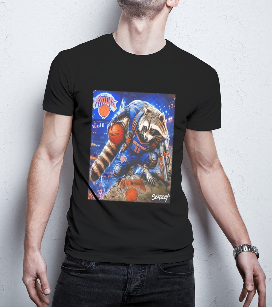 Rocket Raccoon New York Knicks Marvel Guardians NBA Crossover Wilson Ball T-Shirt