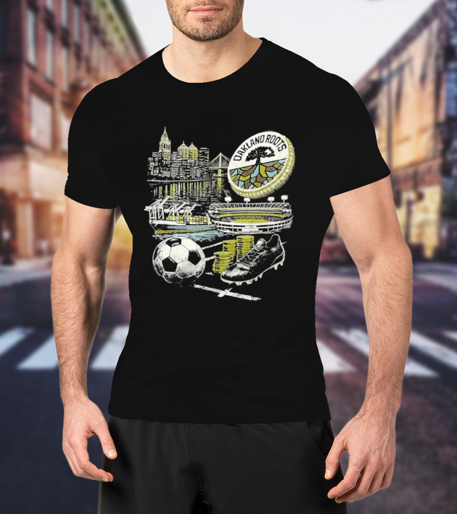 Oakland Roots Skyline Soccer Ball Stadium Ship And Coins T-Shirt