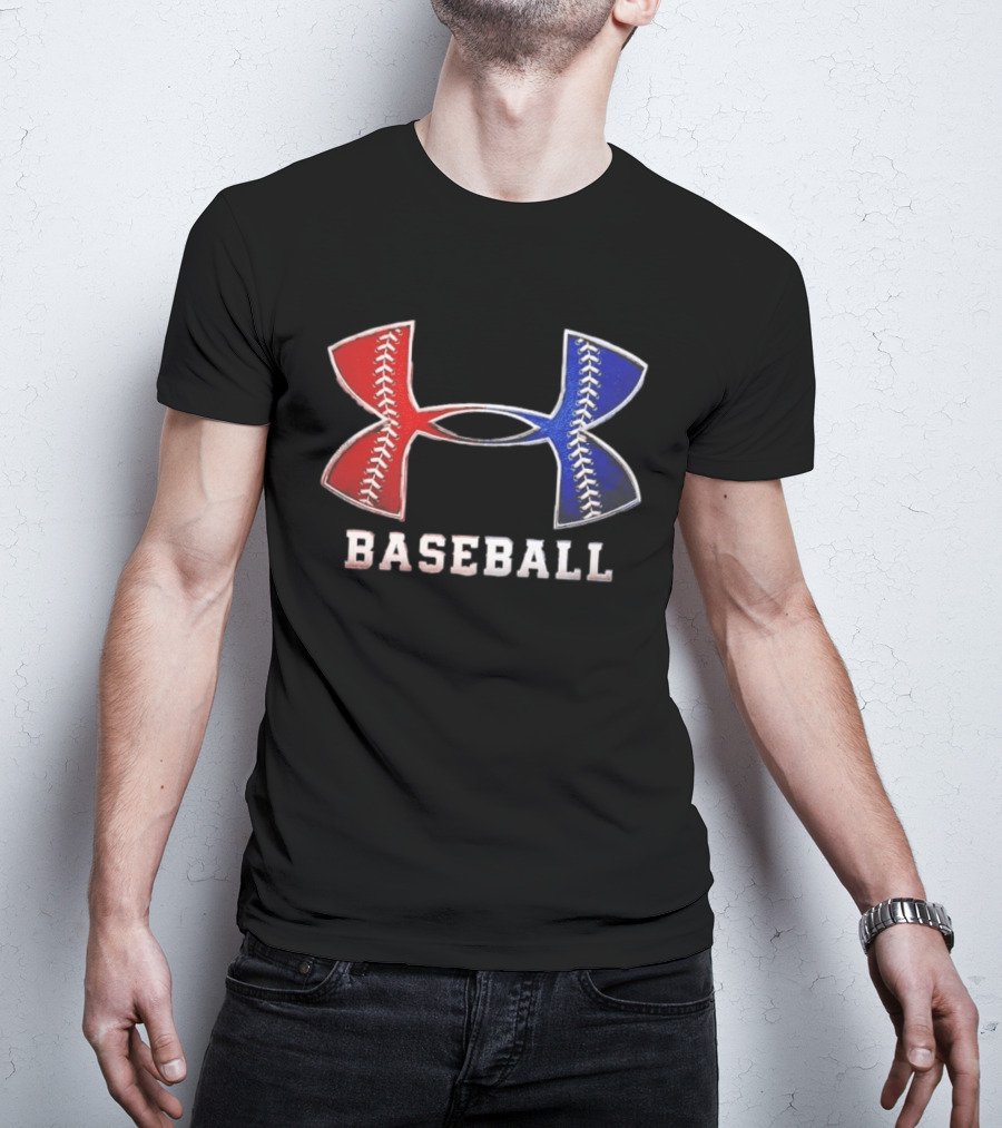 Under Armour Baseball Red Blue Stitch Performance Men T-Shirt