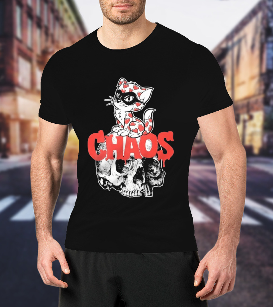 Chaos Cat Heart Pattern Masked Skull T-Shirt