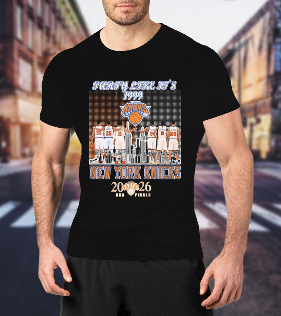 New York Knicks Party Like It's 1999 NBA Finals 2026 Karl Anthony Towns Mikal Bridges Jalen Brunson Patrick Ewing Latrell Sprewell T-Shirt