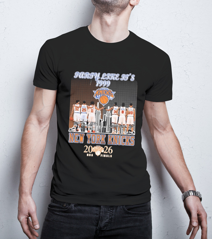 New York Knicks Party Like It's 1999 NBA Finals 2026 Karl Anthony Towns Mikal Bridges Jalen Brunson Patrick Ewing Latrell Sprewell T-Shirt