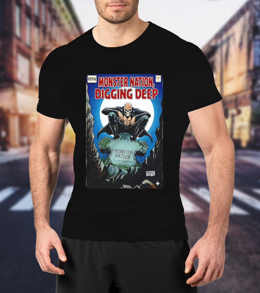 Monster Nation Digging Deep Comic Cover Tombstone Skeleton Superhero T-Shirt