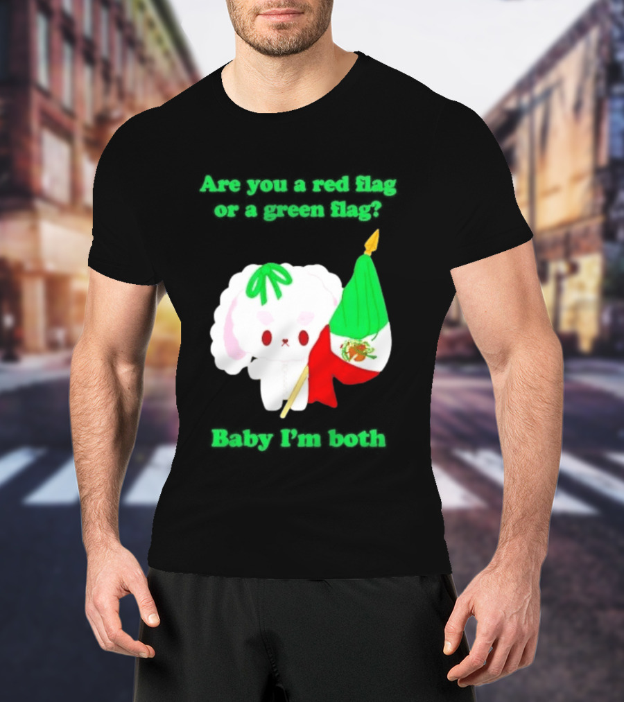 Nonomochi Mexico Flag Are You A Red Flag Or A Green Flag Cute Bunny Holding Mexican Flag T-Shirt