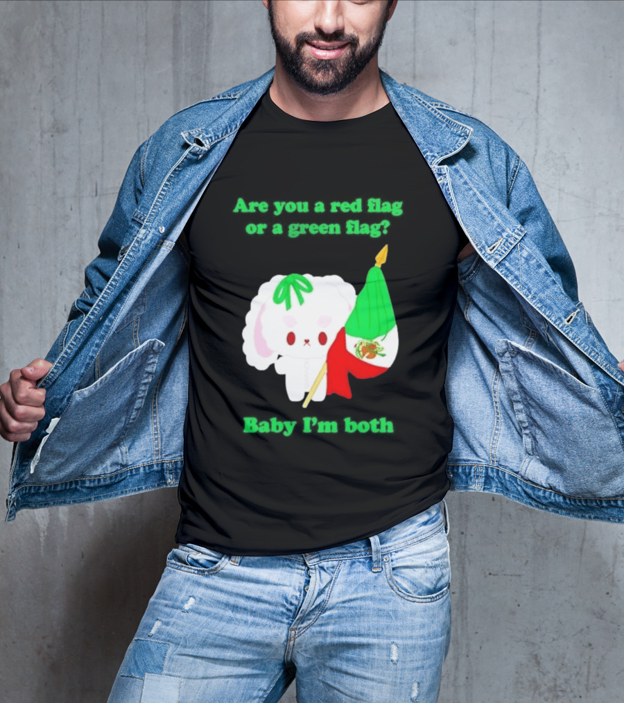 Nonomochi Mexico Flag Are You A Red Flag Or A Green Flag Cute Bunny Holding Mexican Flag T-Shirt