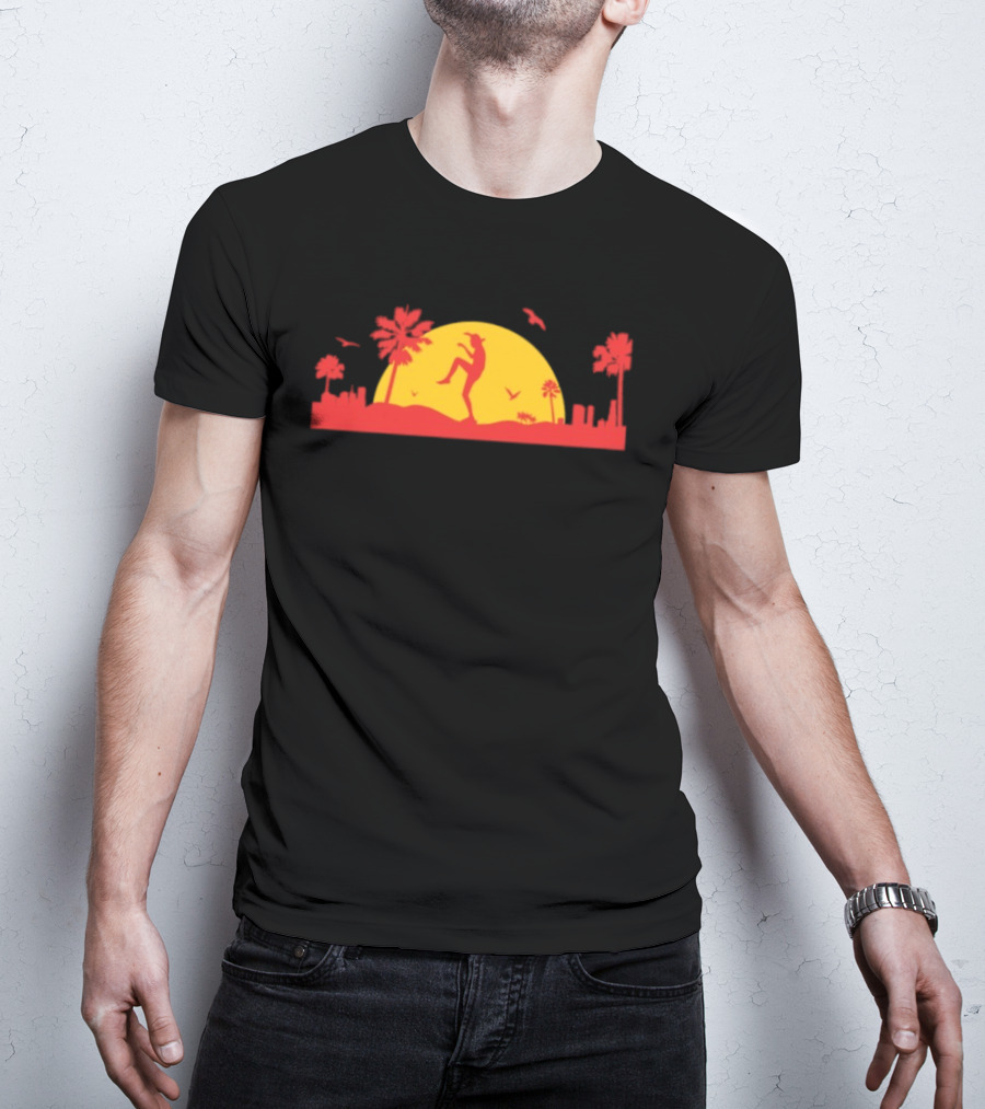 Sunset Crane Club Martial Arts Silhouette With Palm Trees And Birds T-Shirt