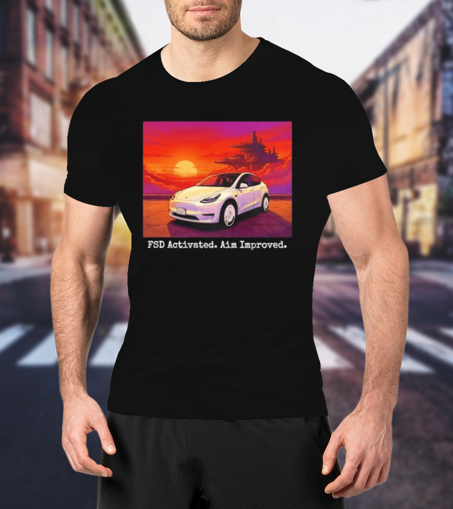 Tesla Model Y FSD Activated Aim Improved Sunset Futuristic City Scene T-Shirt