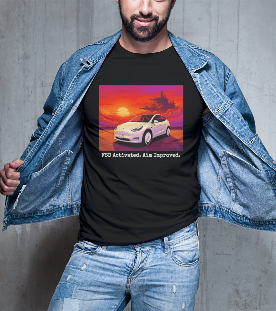 Tesla Model Y FSD Activated Aim Improved Sunset Futuristic City Scene T-Shirt