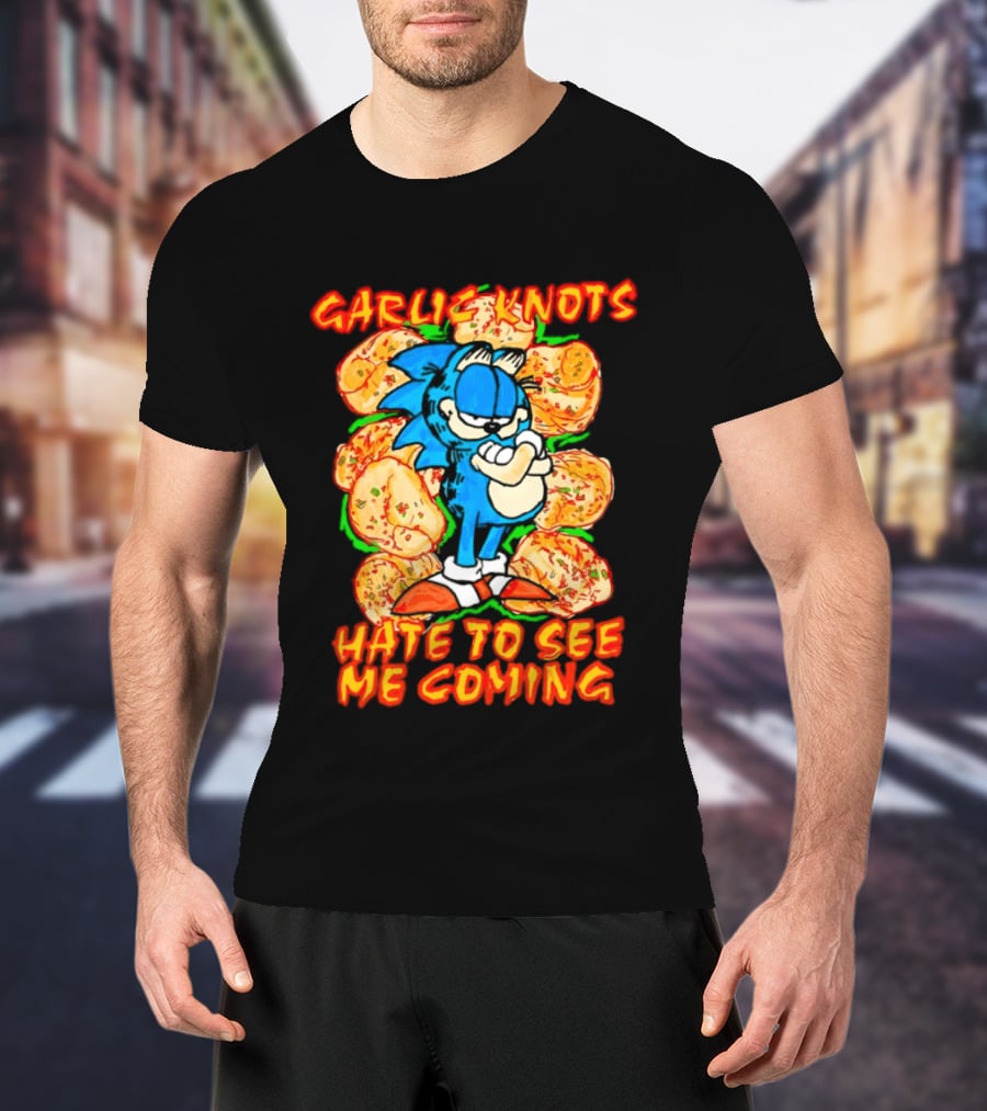 Garlic Knots Hate To See Me Coming Blue Character Surrounded By Cheesy Snacks T-Shirt
