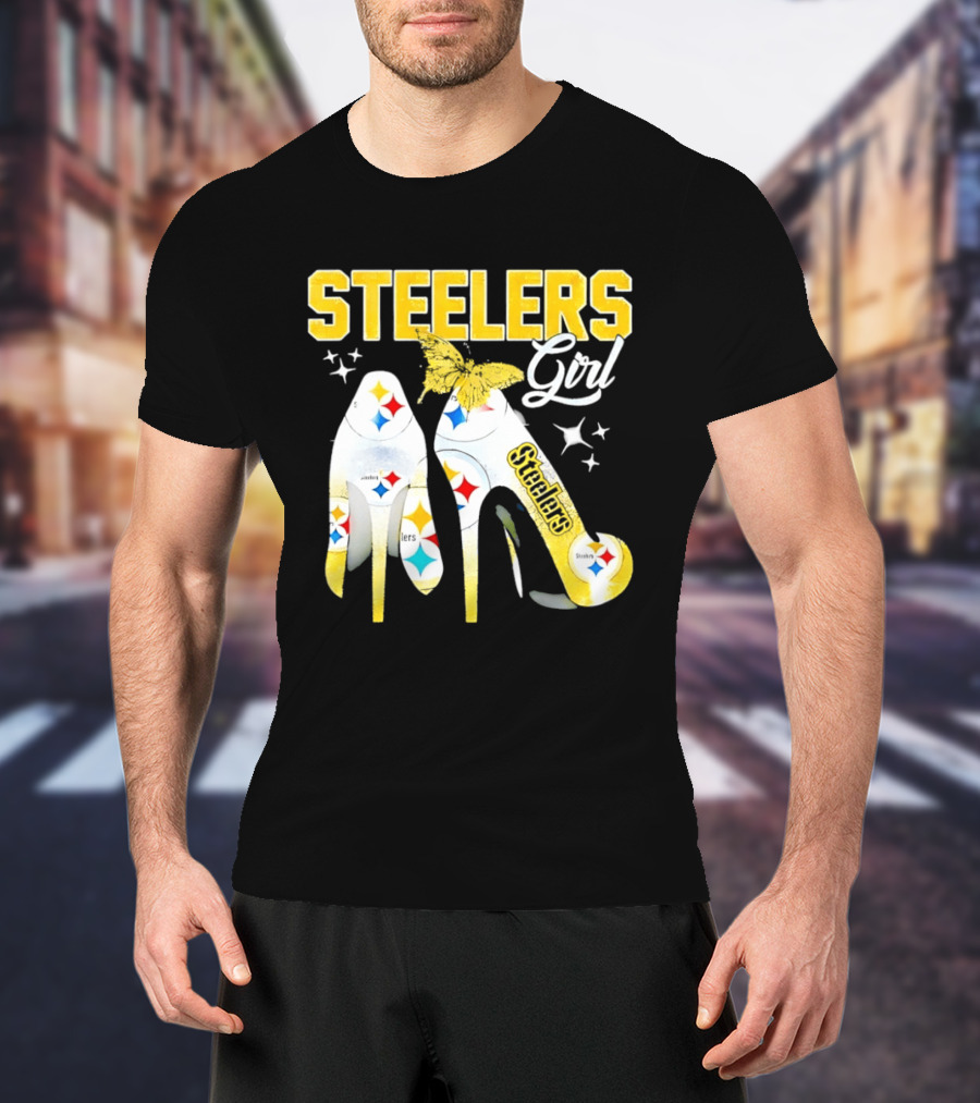 Steelers Girl High Heels With Butterfly And Stars T-Shirt