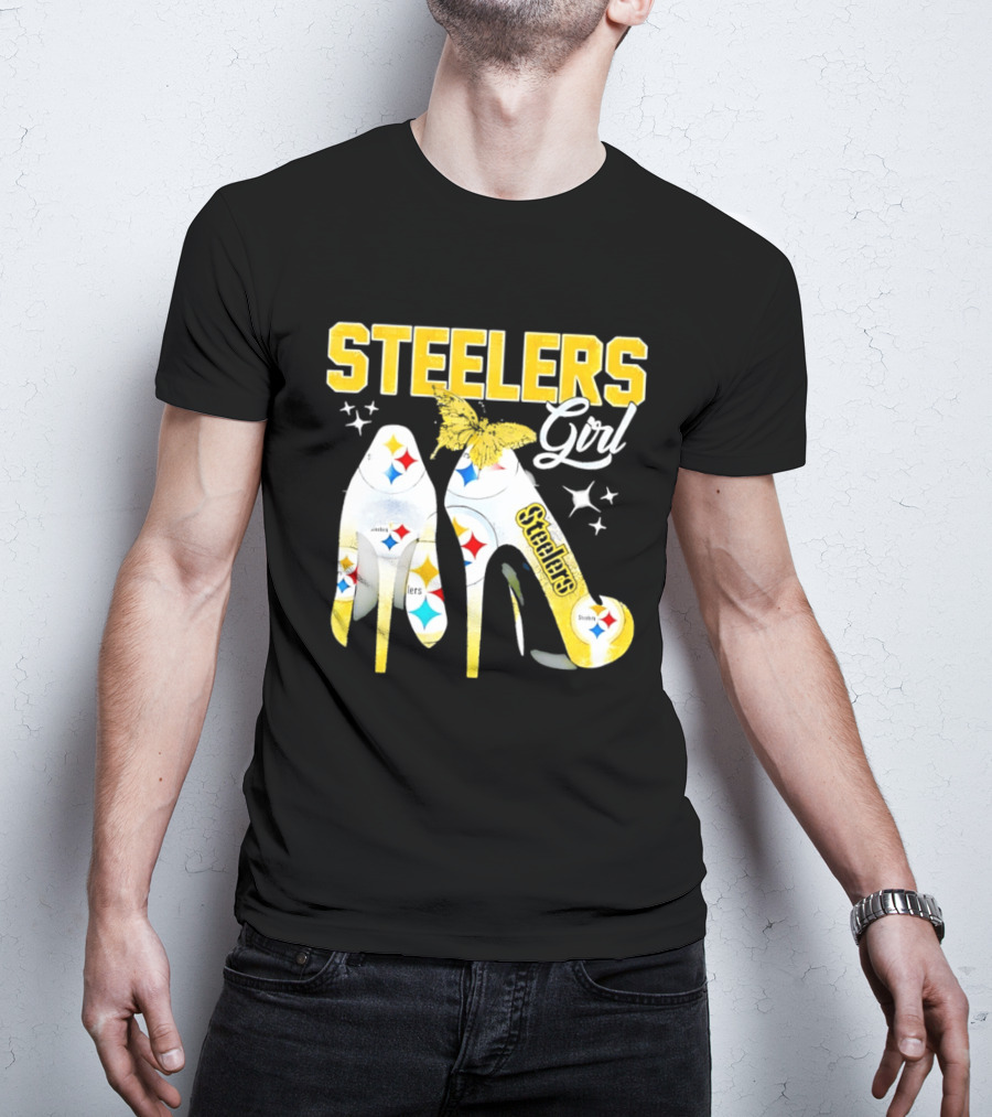 Steelers Girl High Heels With Butterfly And Stars T-Shirt