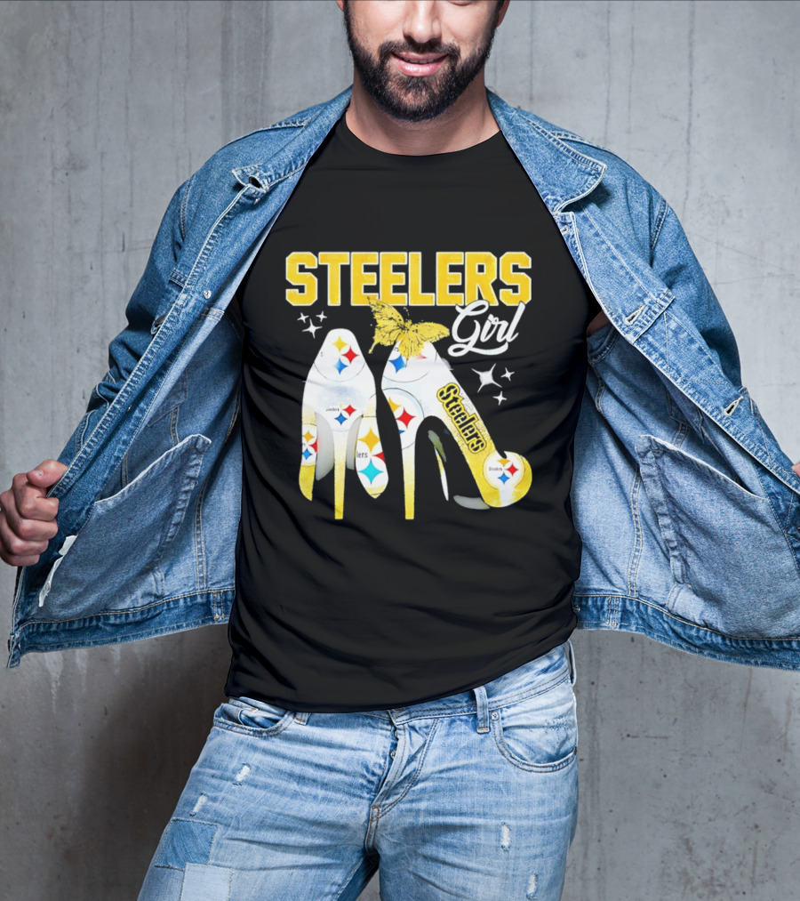 Steelers Girl High Heels With Butterfly And Stars T-Shirt