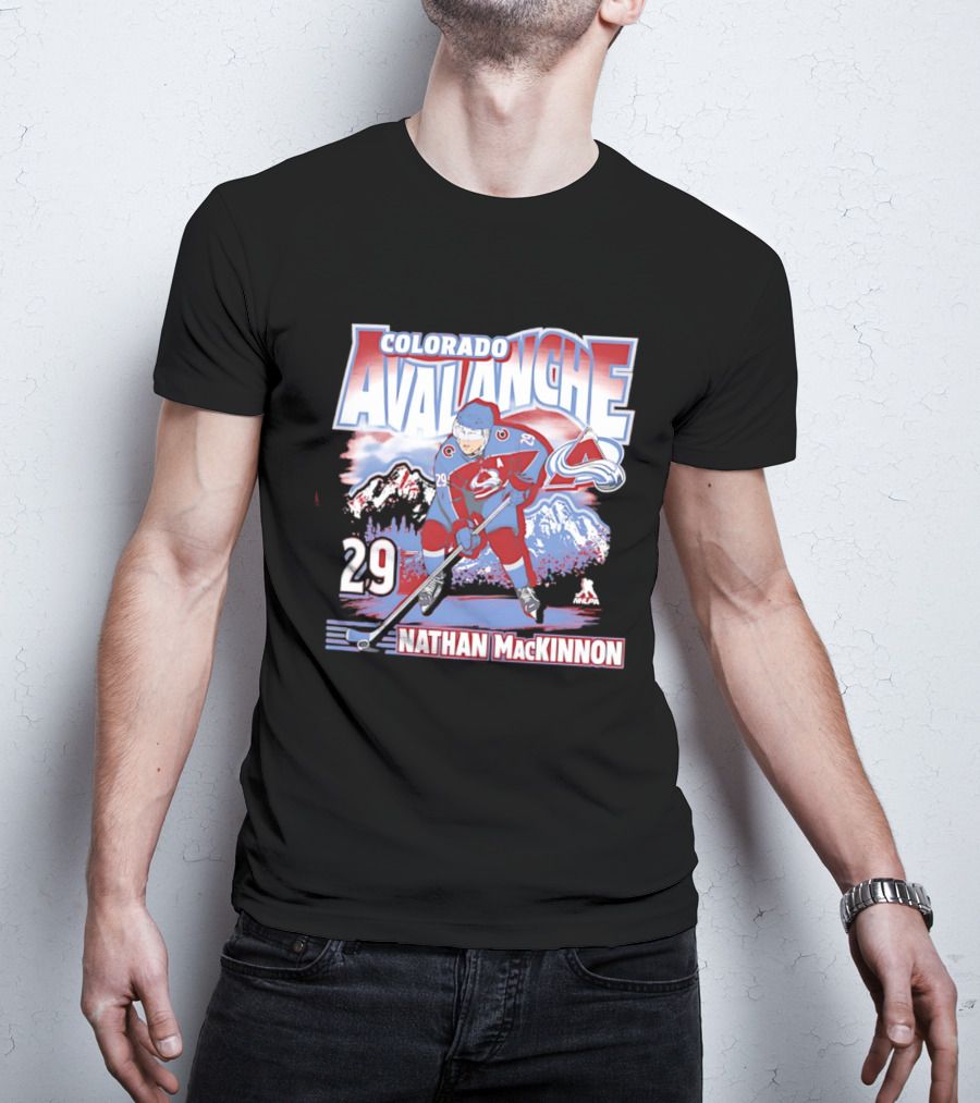 Colorado Avalanche Nathan MacKinnon 29 Hockey Mountain Scene T-Shirt