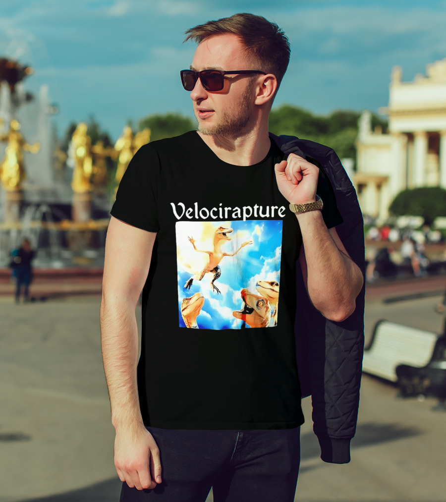 Velocirapture Dinosaur Raptor With Clouds And Blue Sky T-Shirt
