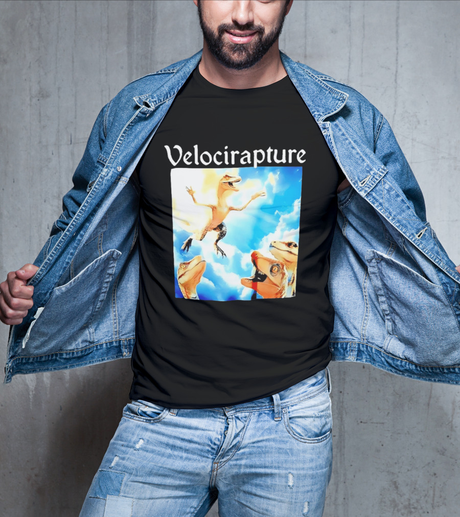 Velocirapture Dinosaur Raptor With Clouds And Blue Sky T-Shirt