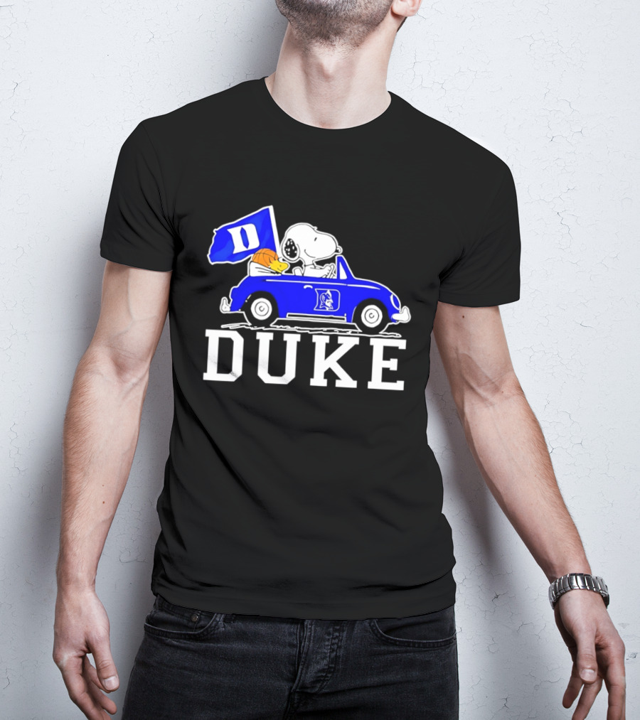 Snoopy And Woodstock Driving Duke Blue Car With Duke Blue Devils Flag T-Shirt