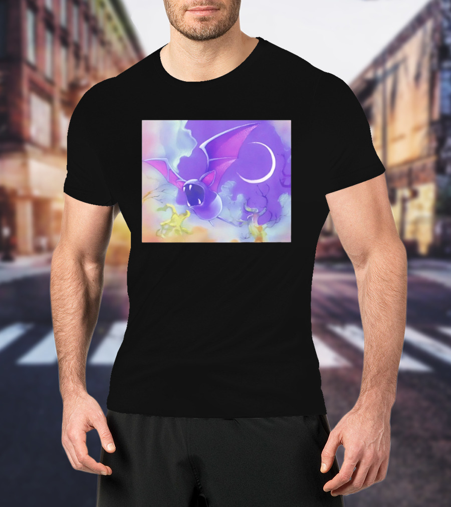 Spooky Bat With Pink Wings Flying Under Crescent Moon Halloween Night Scene T-Shirt