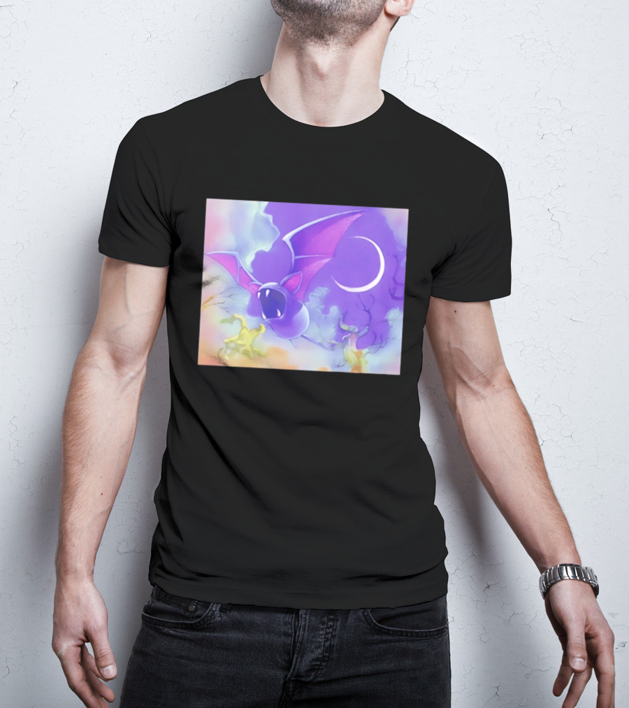Spooky Bat With Pink Wings Flying Under Crescent Moon Halloween Night Scene T-Shirt