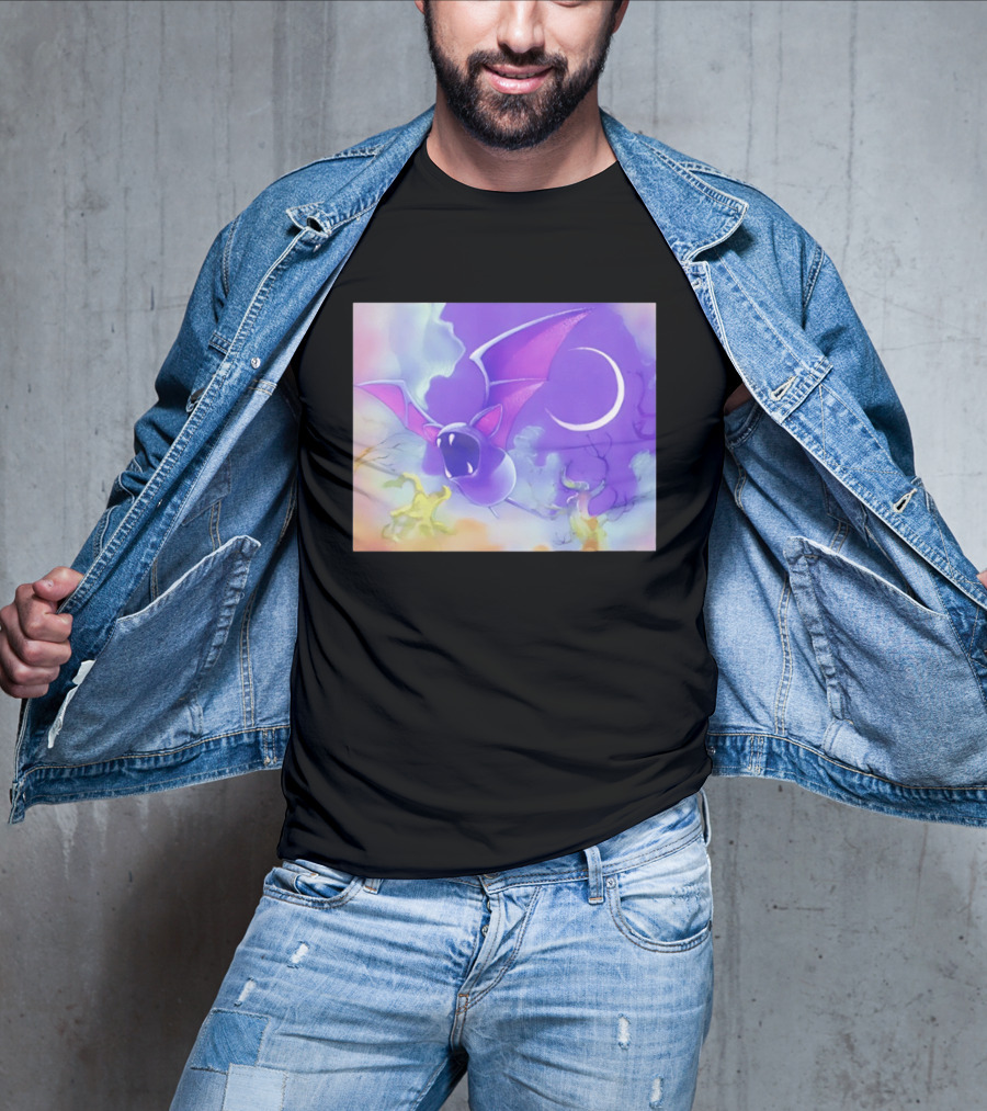 Spooky Bat With Pink Wings Flying Under Crescent Moon Halloween Night Scene T-Shirt