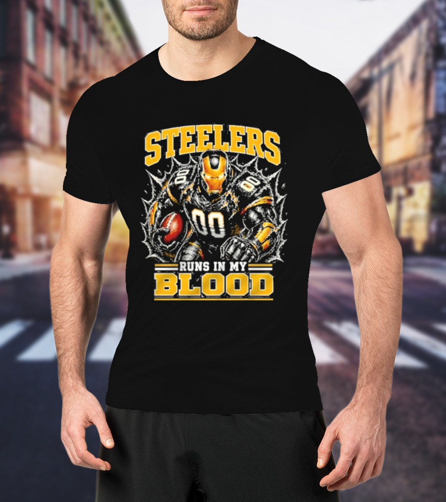 Steelers Runs In My Blood Iron Man Football Fusion T-Shirt