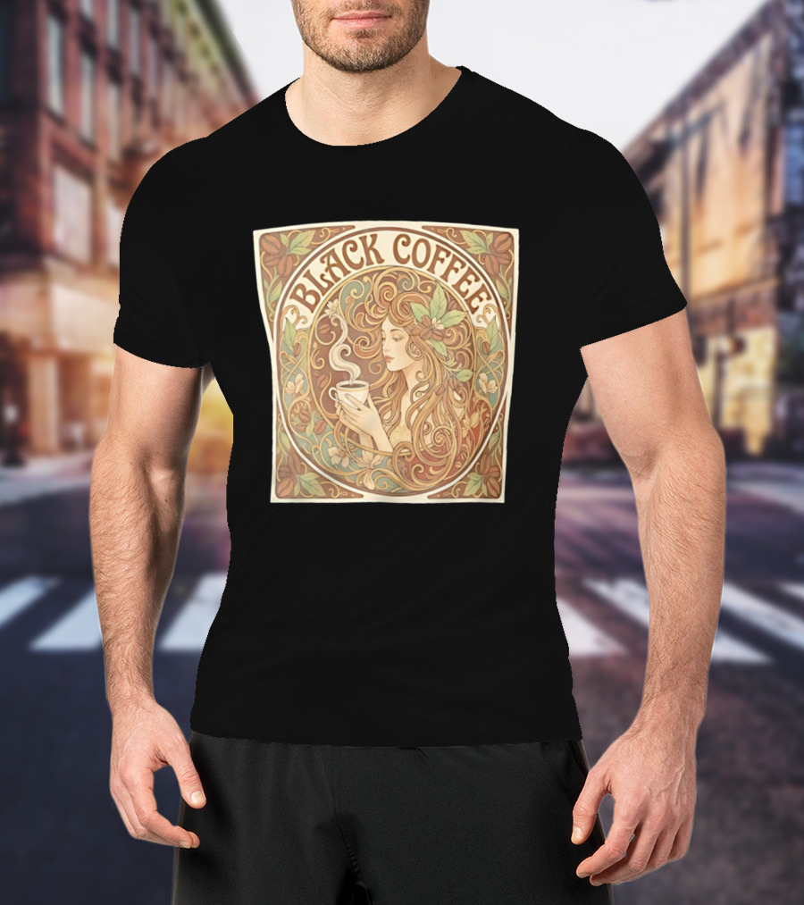 Black Coffee Nouveau Floral Steaming Art Deco T-Shirt