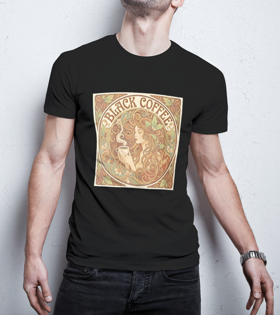 Black Coffee Nouveau Floral Steaming Art Deco T-Shirt