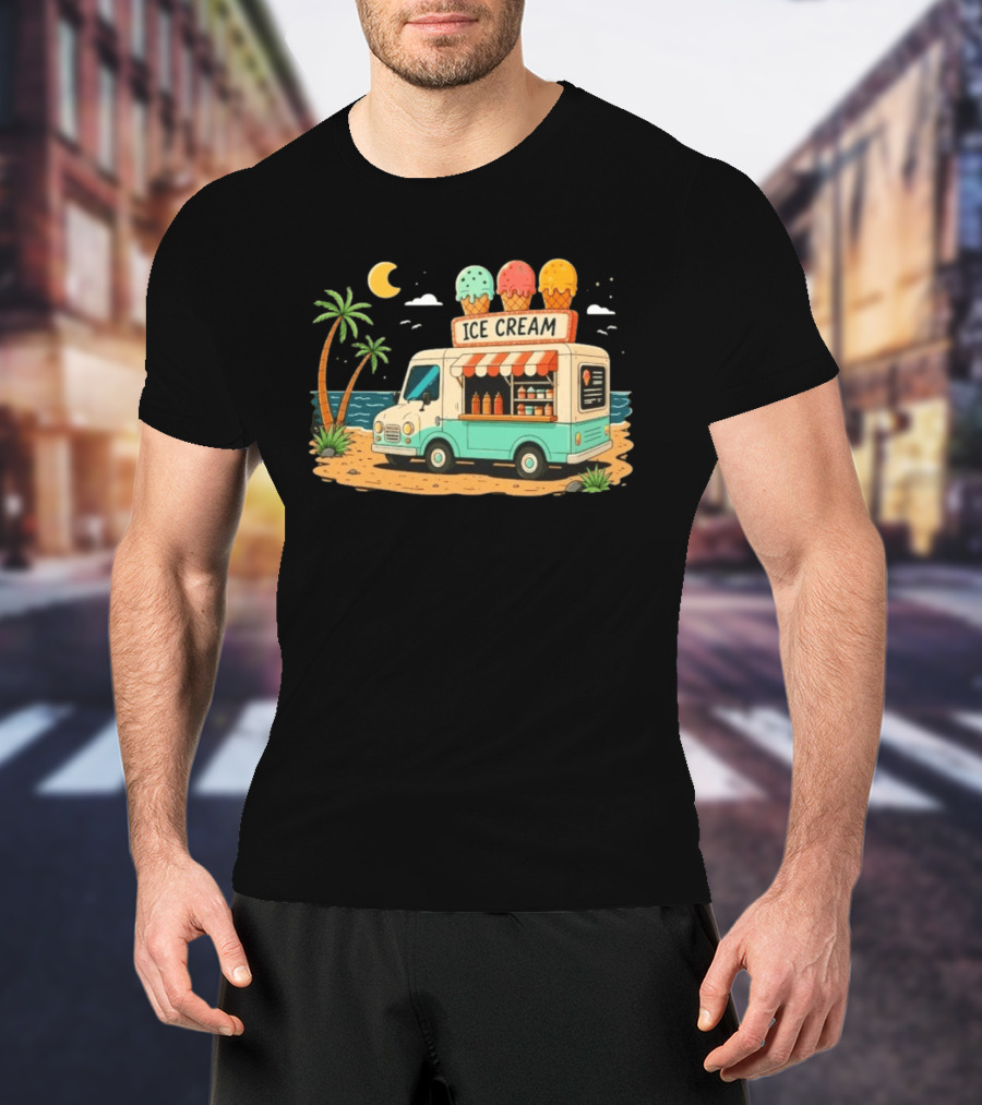 Ice Cream Truck Beach Night Tropical Ocean Summer Waves T-Shirt