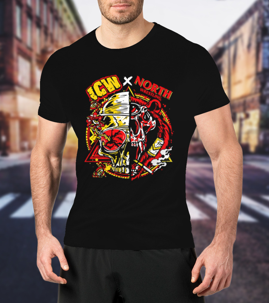 ICW X North Wrestling Split Skull Bear Head Concert Band T-Shirt