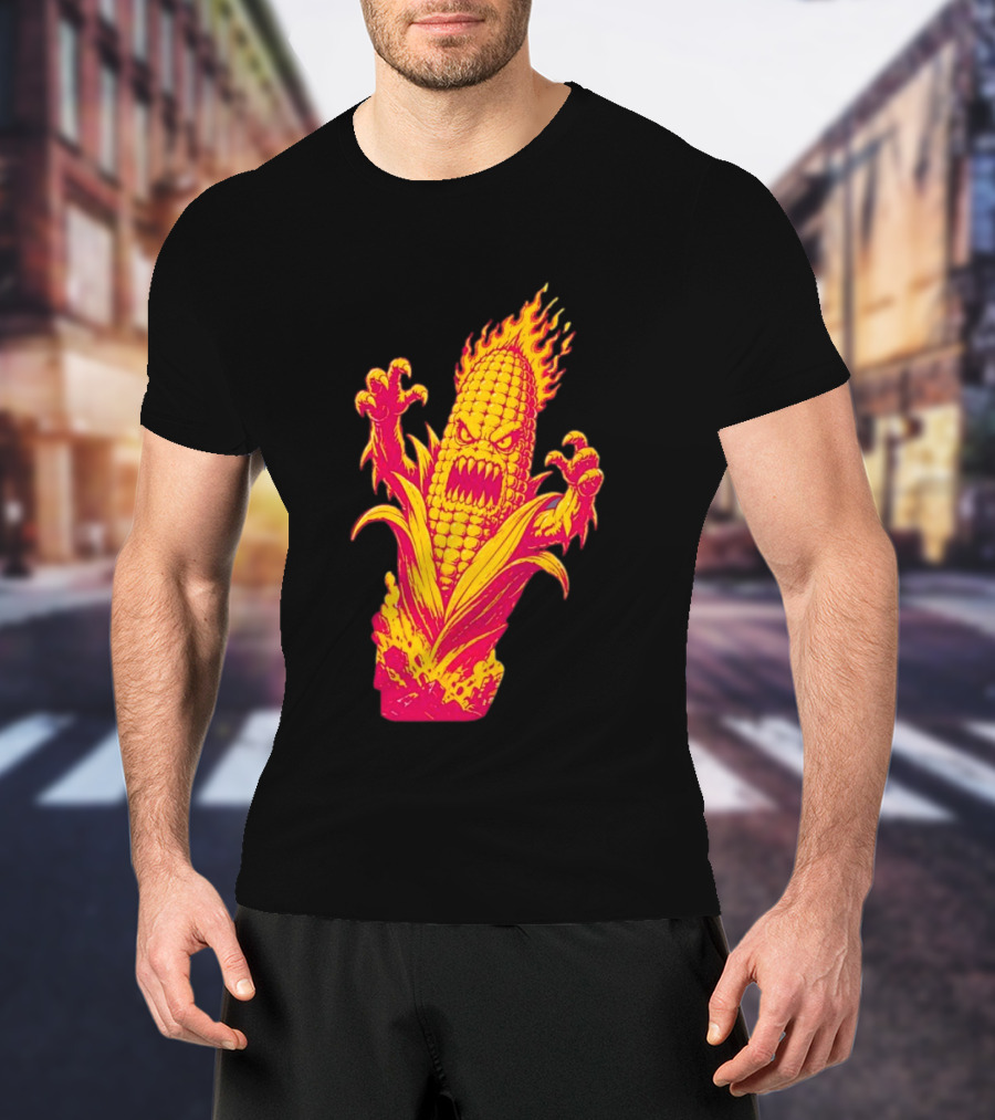 Fiery Mutant Corn Monster Kernels Of Terror Halloween Evil Cob T-Shirt
