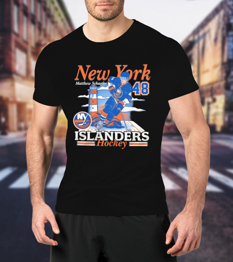 New York Islanders Hockey Matthew Schaefer 48 Player Lighthouse T-Shirt