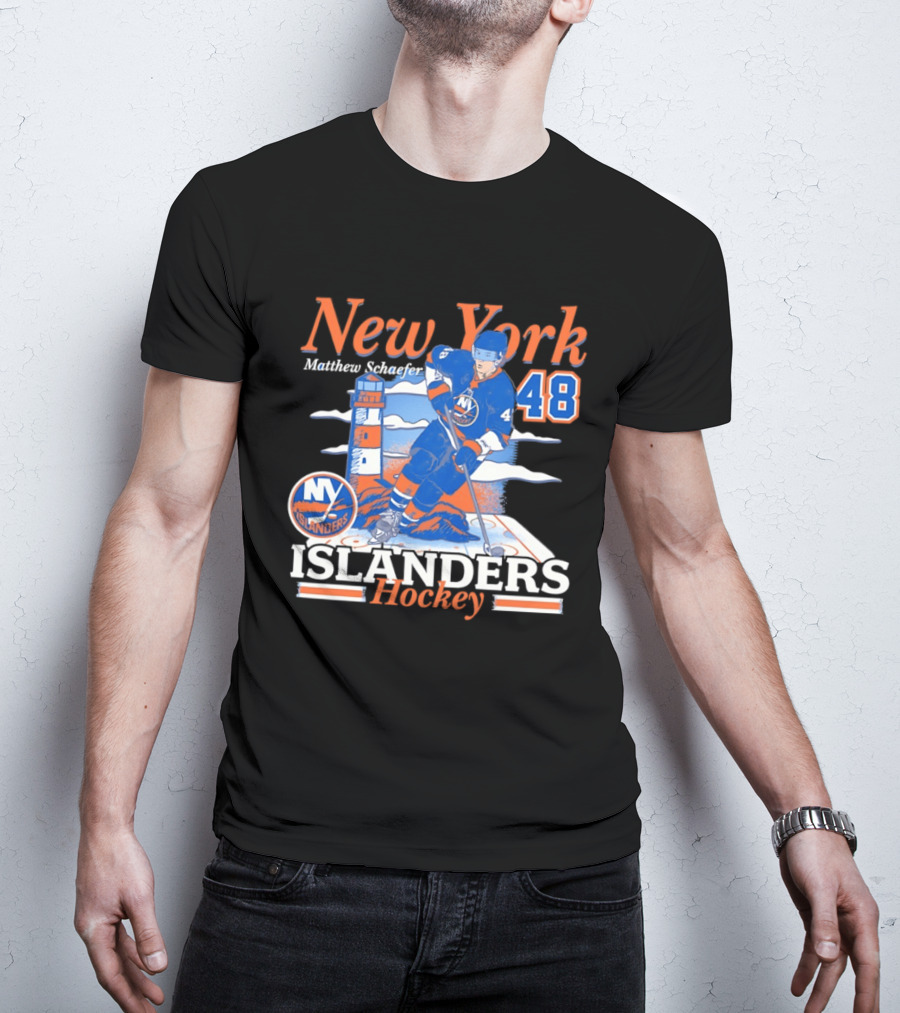 New York Islanders Hockey Matthew Schaefer 48 Player Lighthouse T-Shirt
