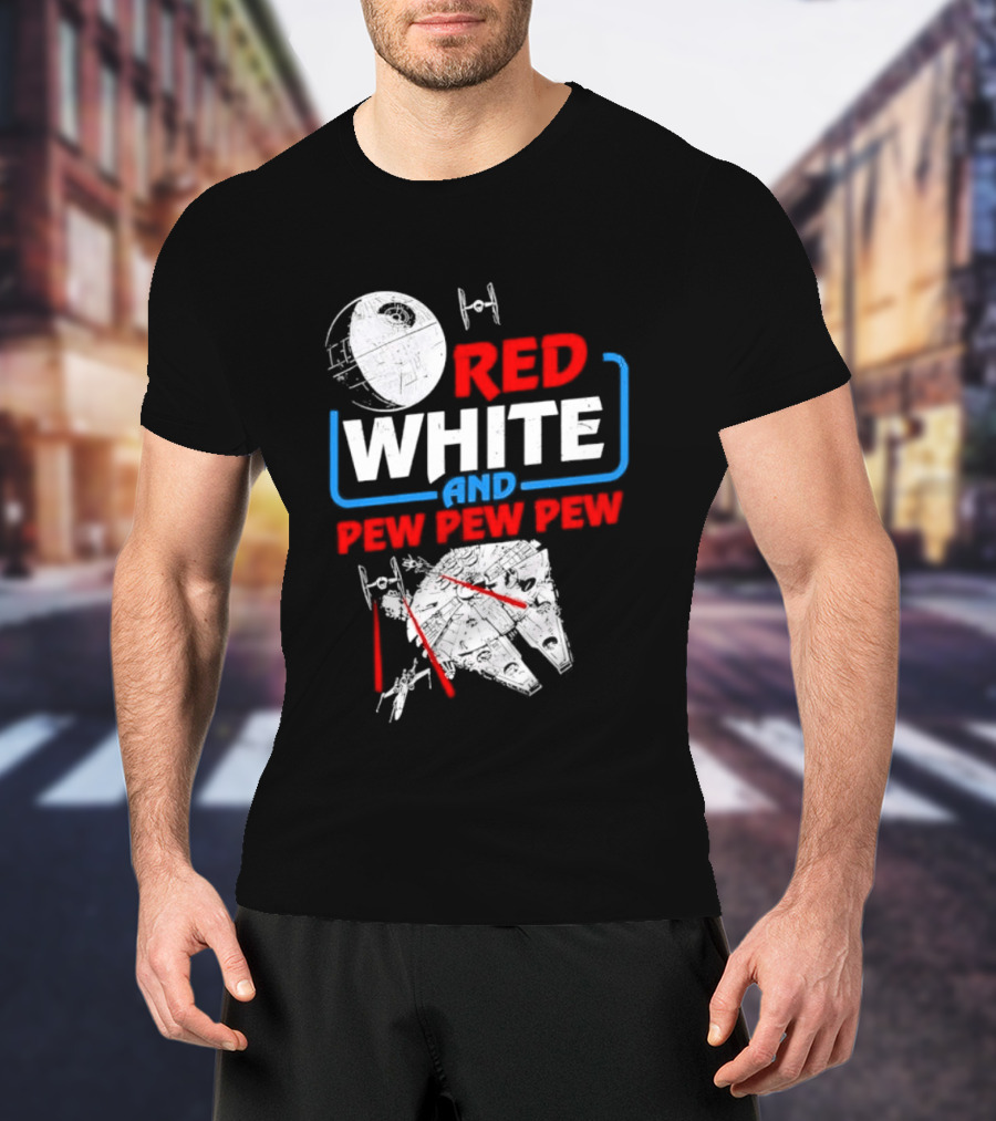 Star Wars Millennium Falcon Red White And Pew Pew Pew Death Star Tie Fighter T-Shirt