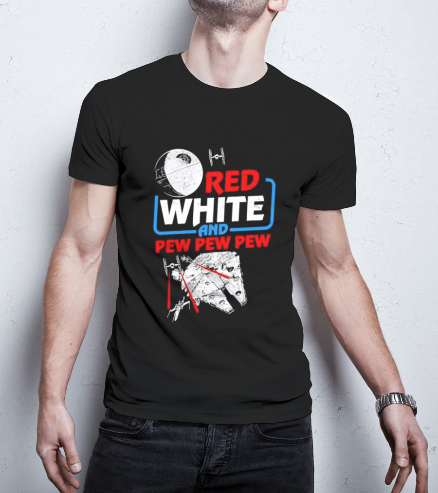 Star Wars Millennium Falcon Red White And Pew Pew Pew Death Star Tie Fighter T-Shirt