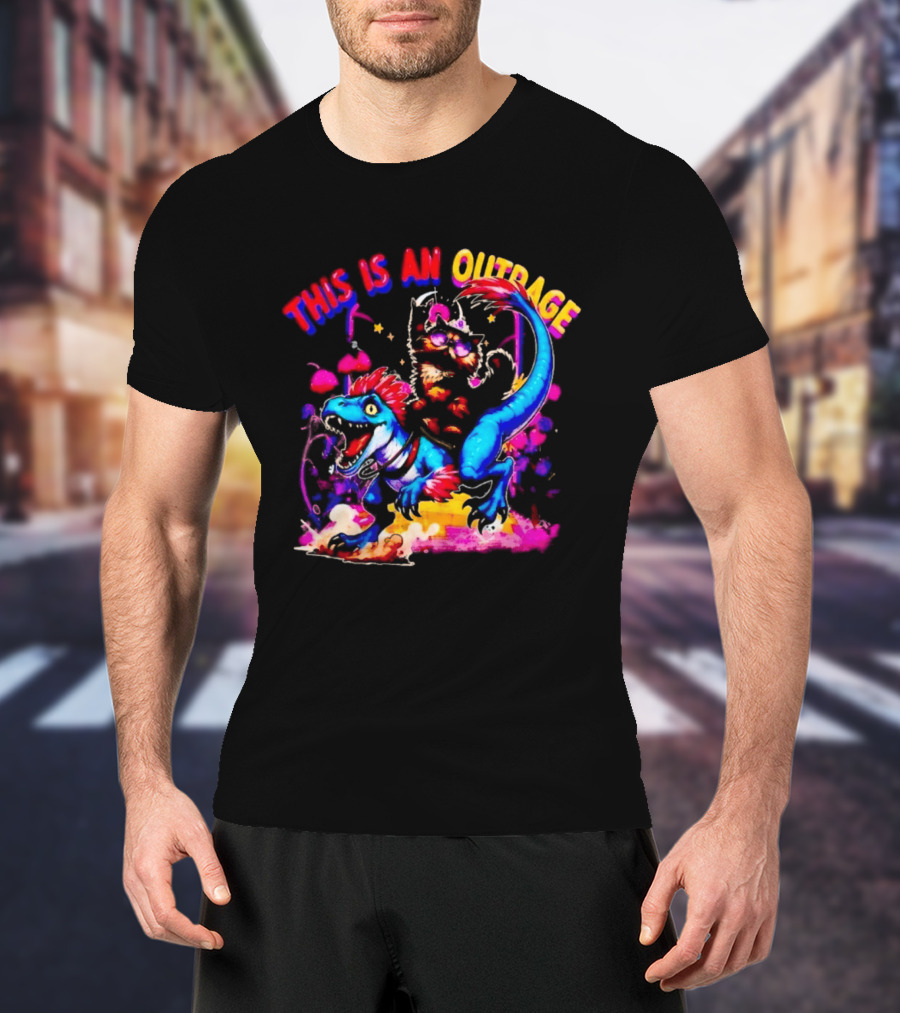This Is An Outrage Cat Riding Blue Raptor Dinosaur Jurassic T-Shirt