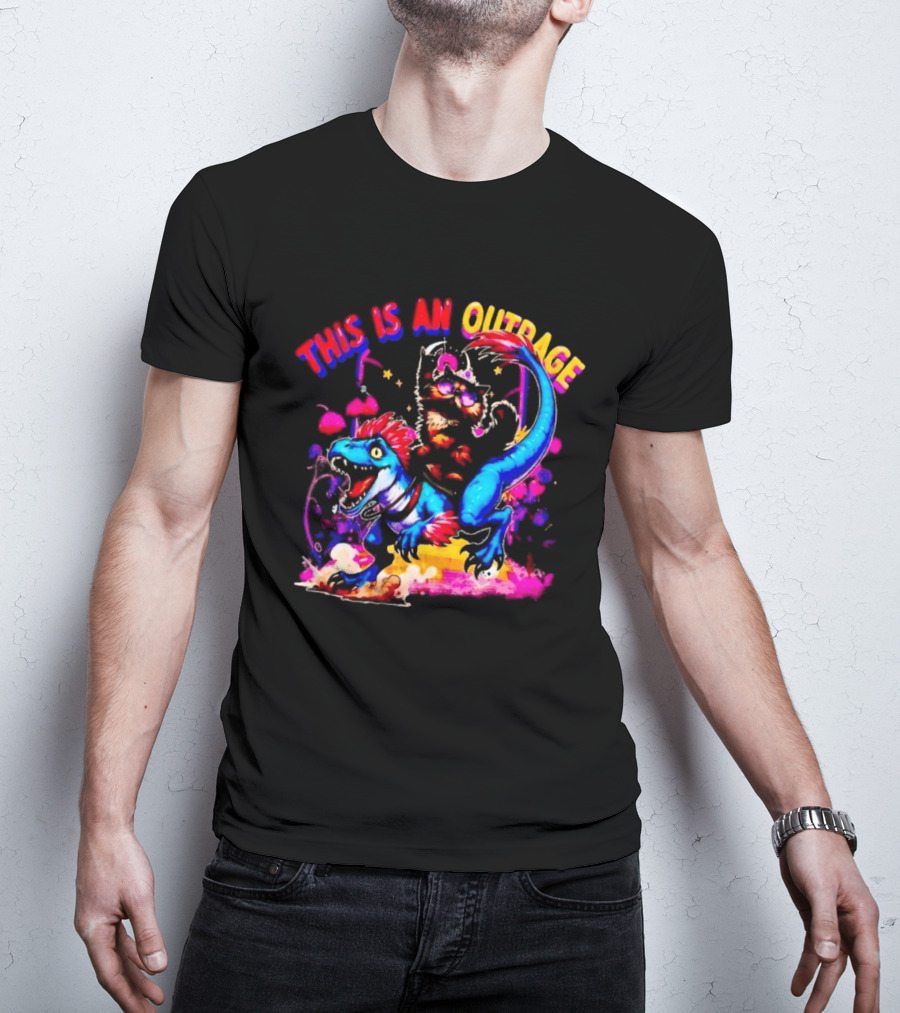 This Is An Outrage Cat Riding Blue Raptor Dinosaur Jurassic T-Shirt