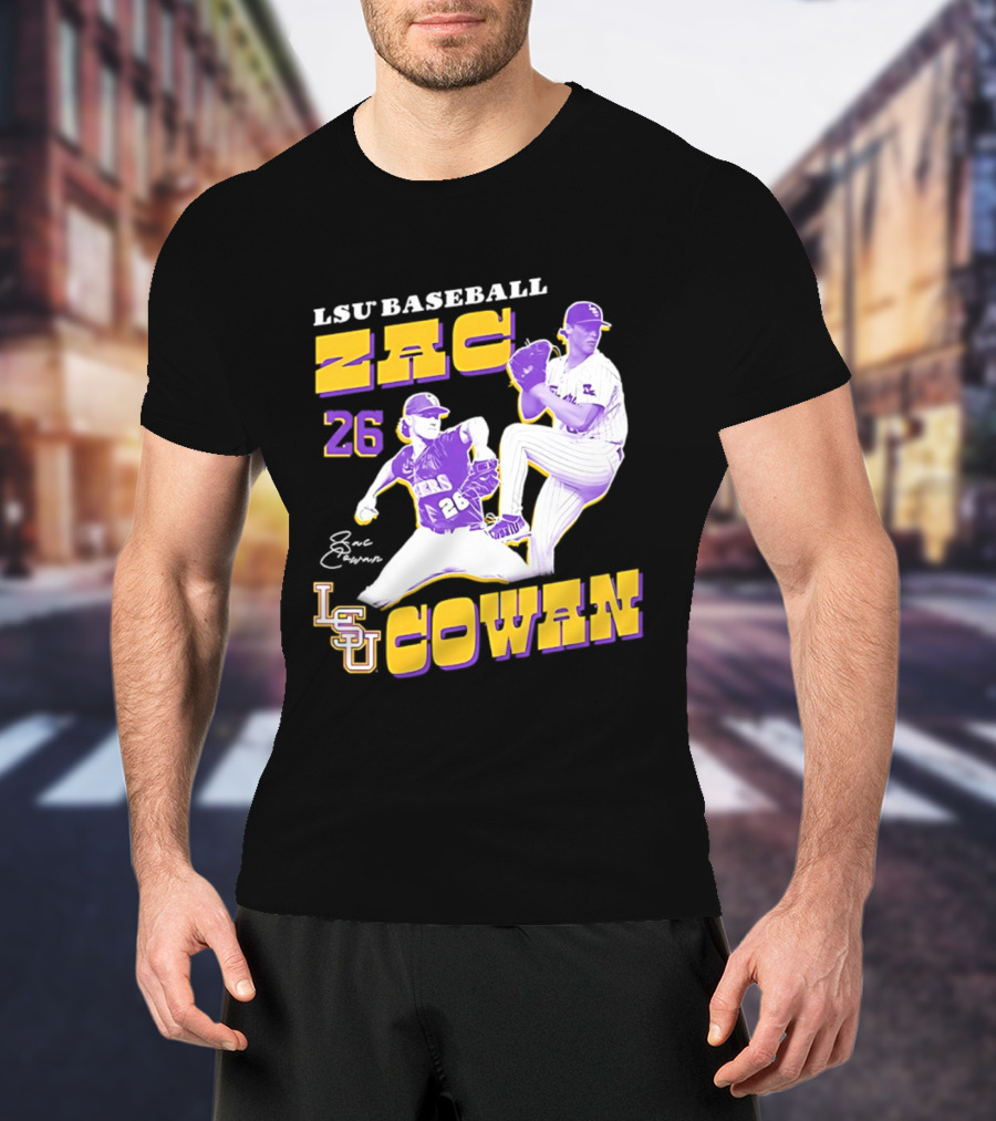 LSU Baseball Zac Cowan 26 Pitching Action Pose T-Shirt